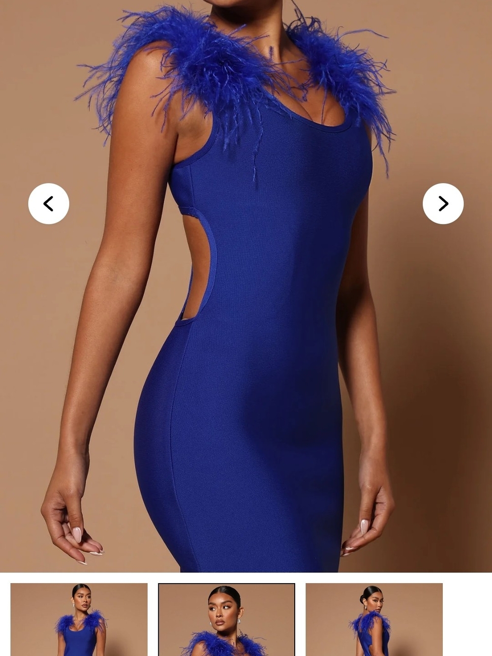Fashion Nova Cobalt Blue Feather-Trim Backless Bodycon Dress